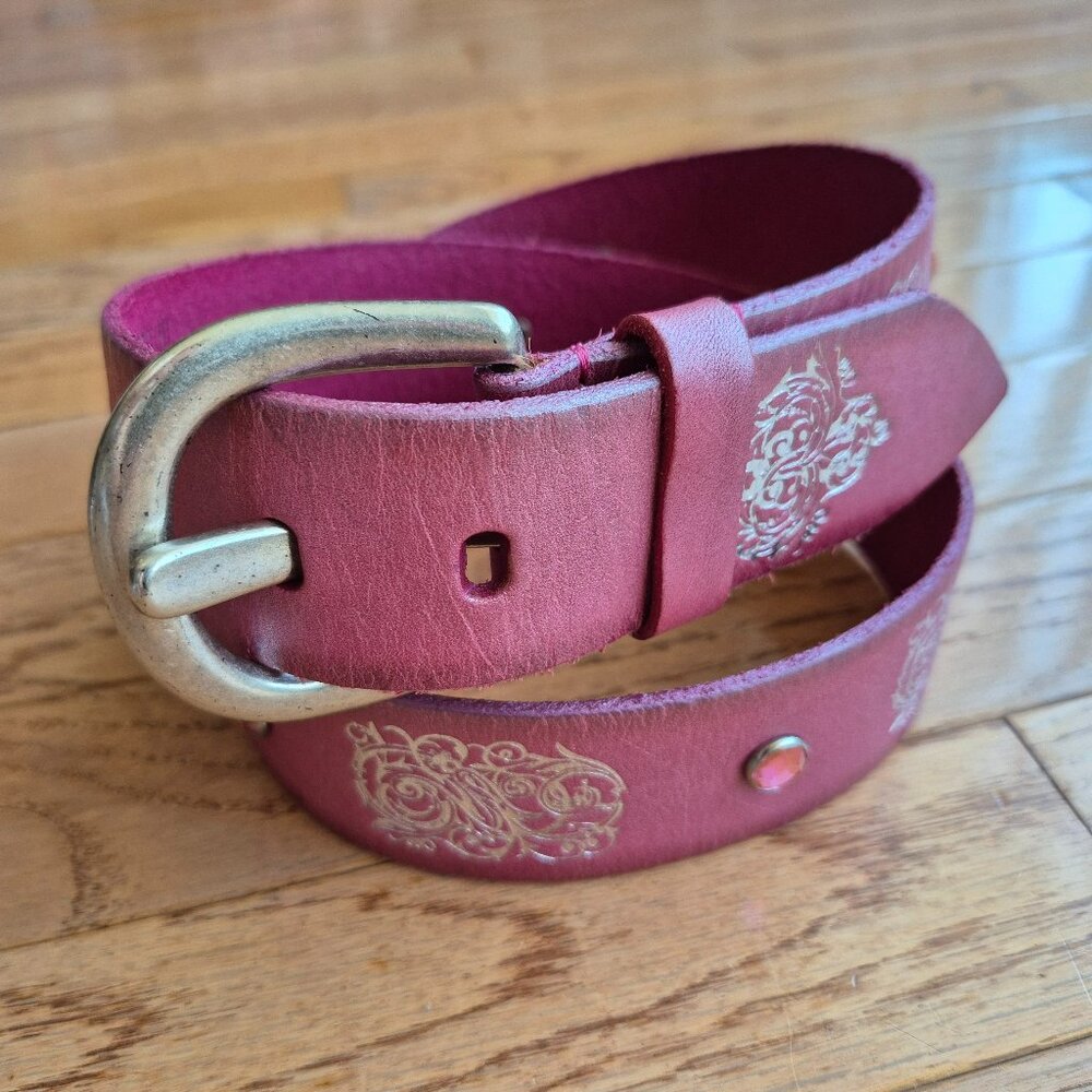 Linea Pelle Wide Pink Leather Belt Silver Buckle Floral Scroll Embossed Medium